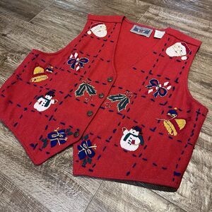 Vtg Erika Casuals Christmas Vest XL Red Embroidered Boiled Wool Sweater Applique